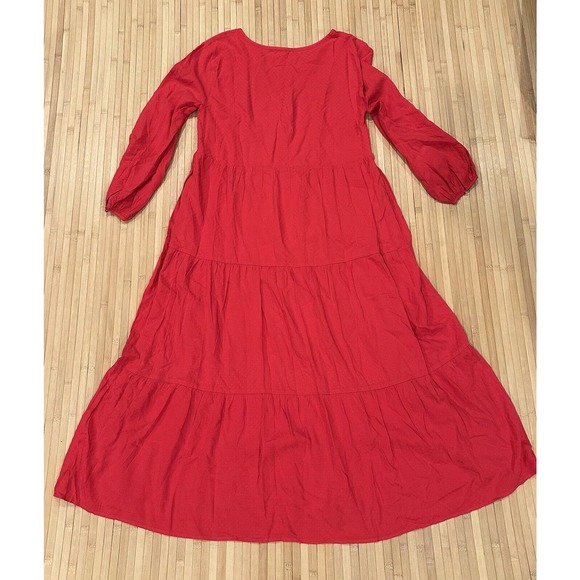 Loft Women Oversized Sz M Red Maxi Dress Tiered Textured Long Sleeve V Neck - Picture 5 of 8